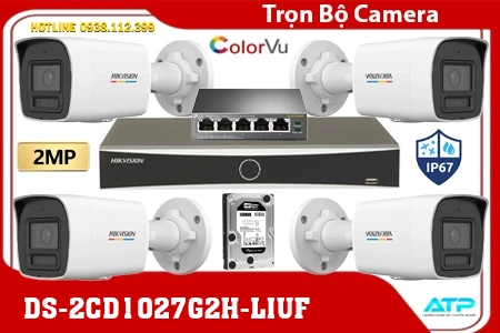 Bộ 4 Camera IP 2MP thân trụ, Bộ 4 Camera IP 2MP HIKVISION DS-2CD1027G2H-LIUF, Bộ 4 Camera HIKVISION DS-2CD1027G2H-LIUF,Bộ Camera Nhà Xưởng Có Màu Ban Đêm , Bộ cmaera hikvision chính hãng, bộ camera colorvu, bộ camera săc nét 