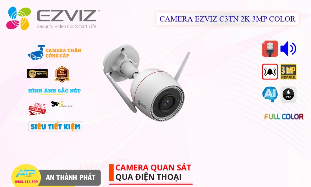 Camera Wifi Ezviz C3TN 2K 3MP Color Tiết Kiệm