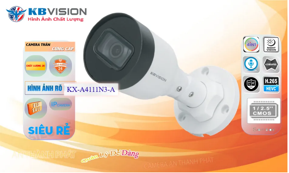 Camera IP thông số có Truyền tải hình ảnh nhanh với dung lượng thấp của công nghệ nén hình H.265+ KBvision KX-A4111N3-A Mẫu Đẹp